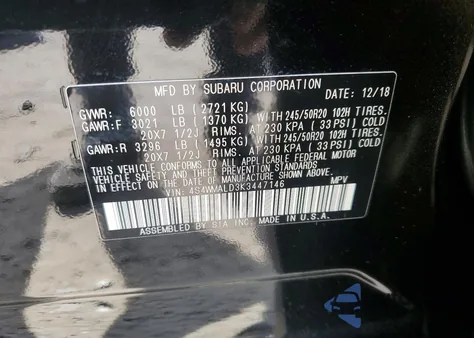 2019 Subaru Ascent Limited from USA, damaged, VIN 4S4WMALD3K3447146